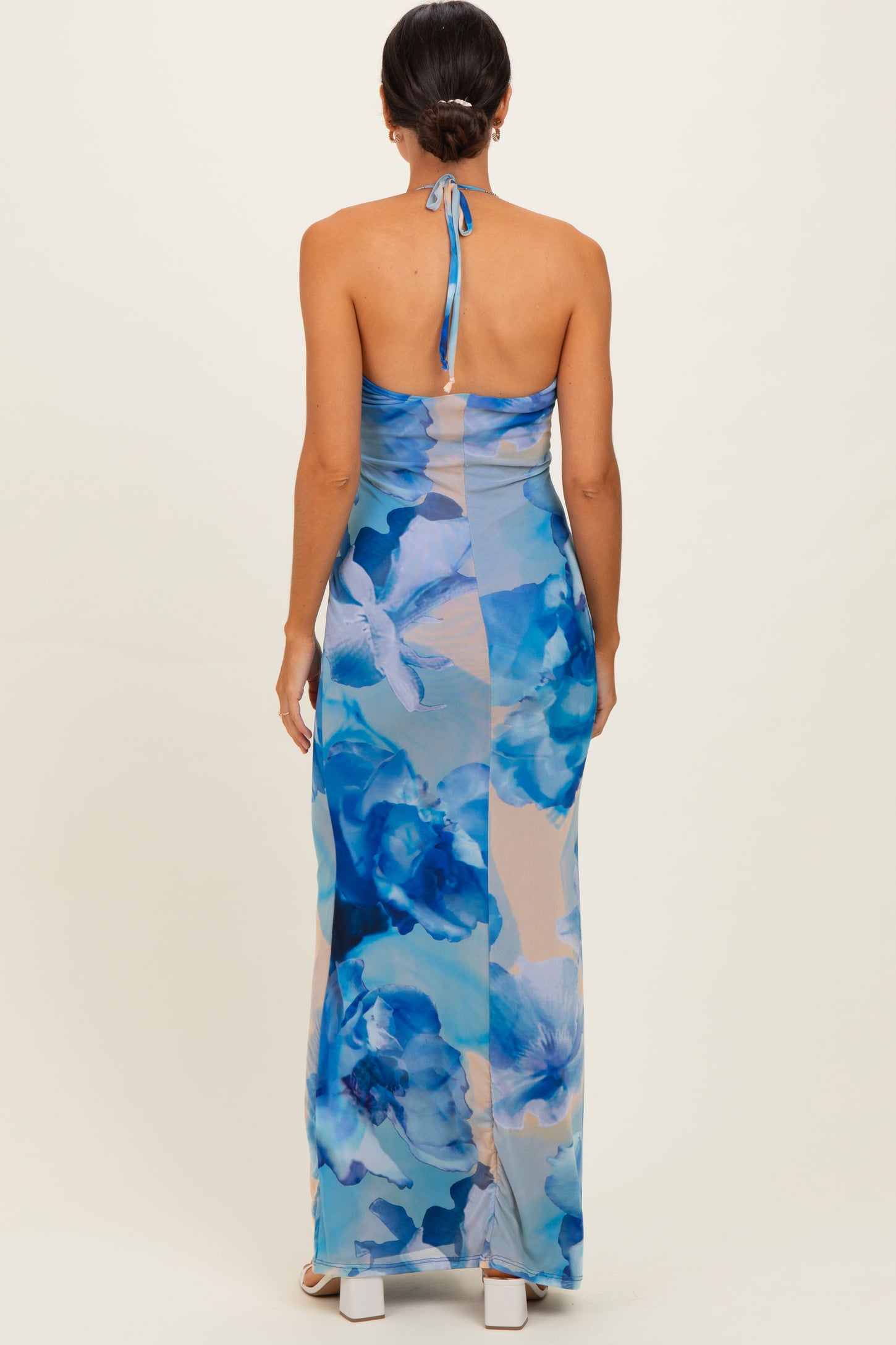 Blue Floral Halter Mesh Maxi Dress