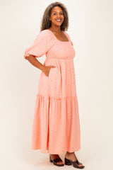 Light Pink Floral Smocked Puff Sleeve Plus Maxi Dress