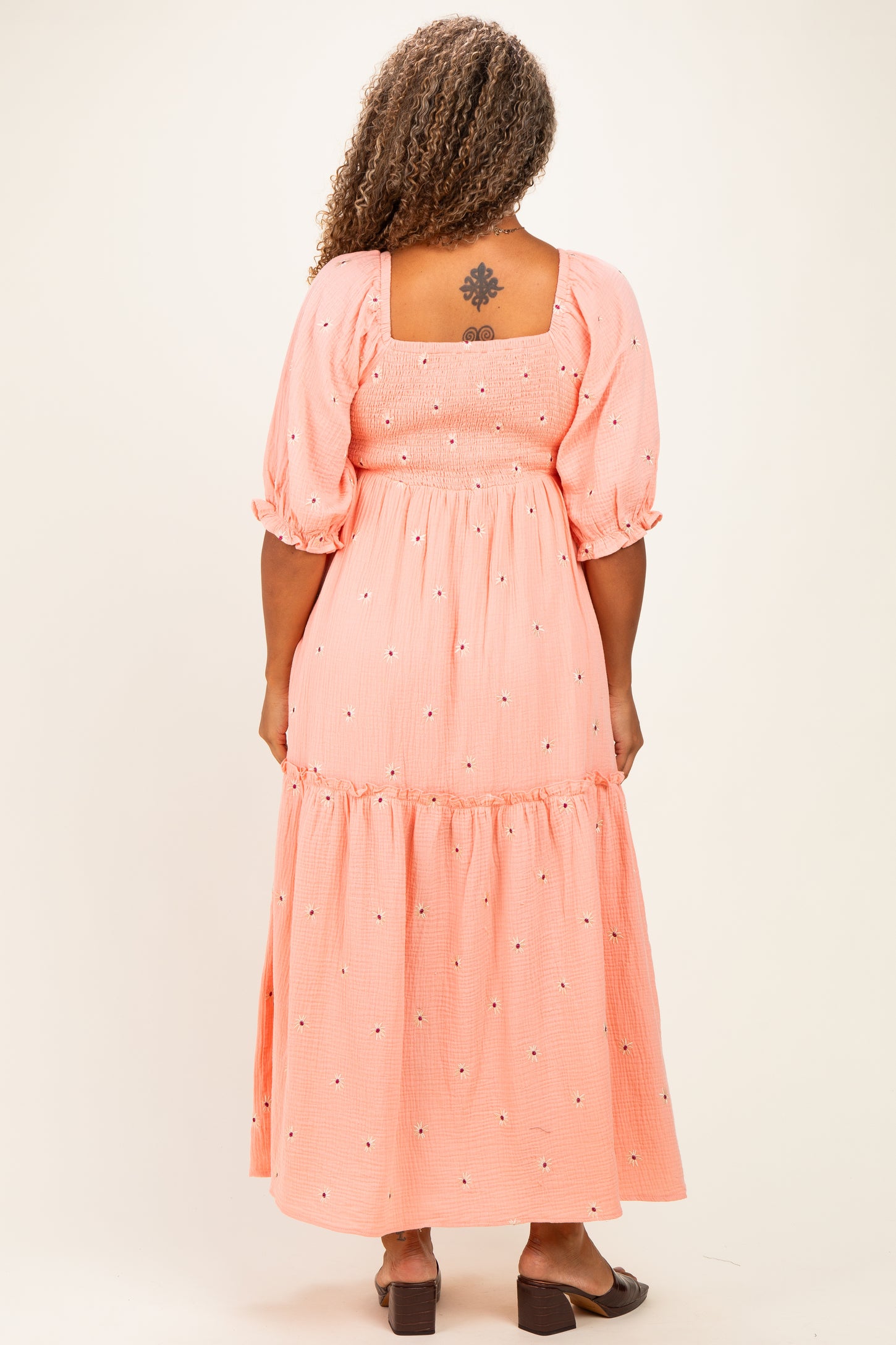 Light Pink Floral Smocked Puff Sleeve Plus Maxi Dress
