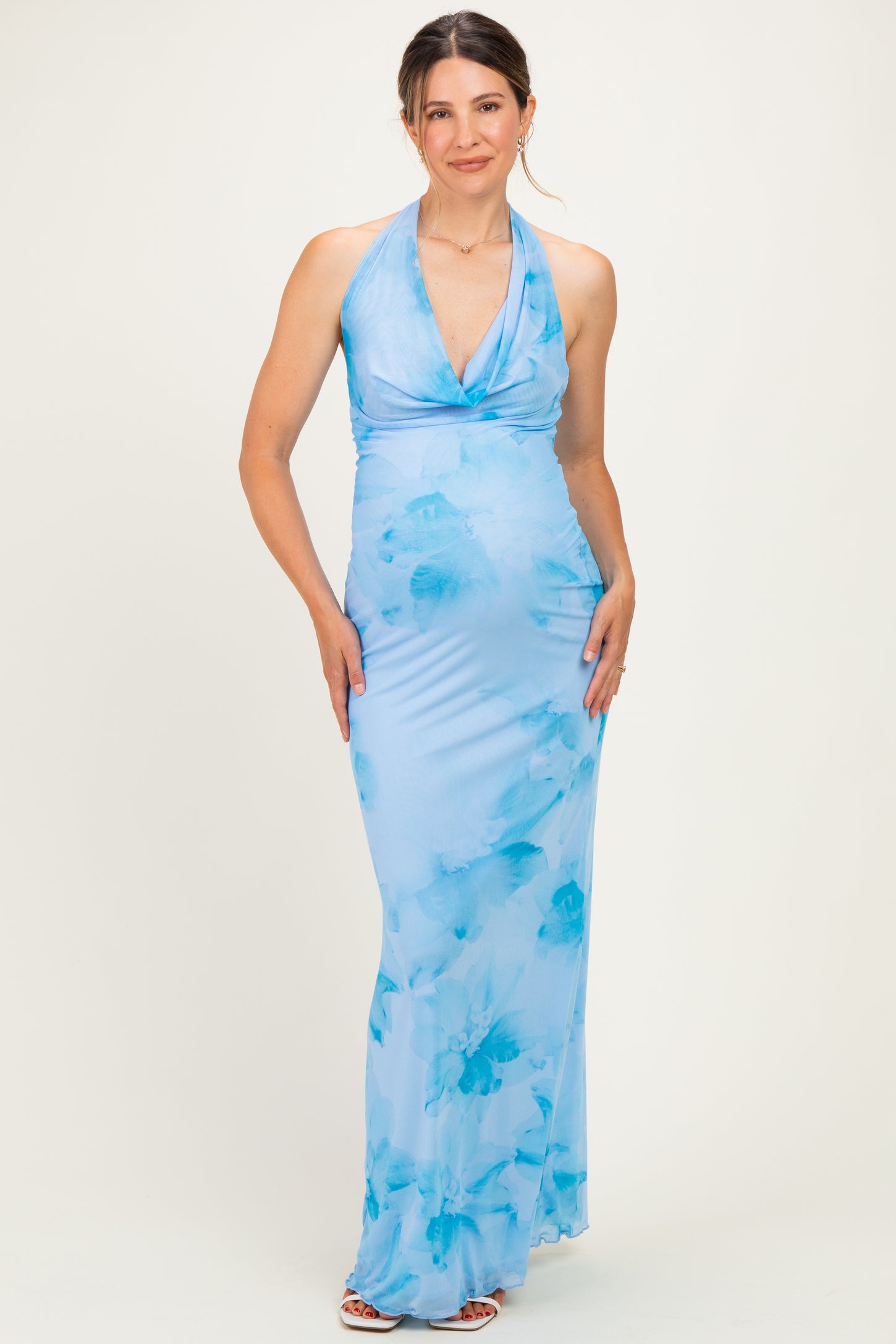 Light Blue Floral Cowl Maternity Maxi Dress