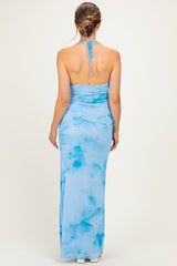 Light Blue Floral Cowl Maternity Maxi Dress