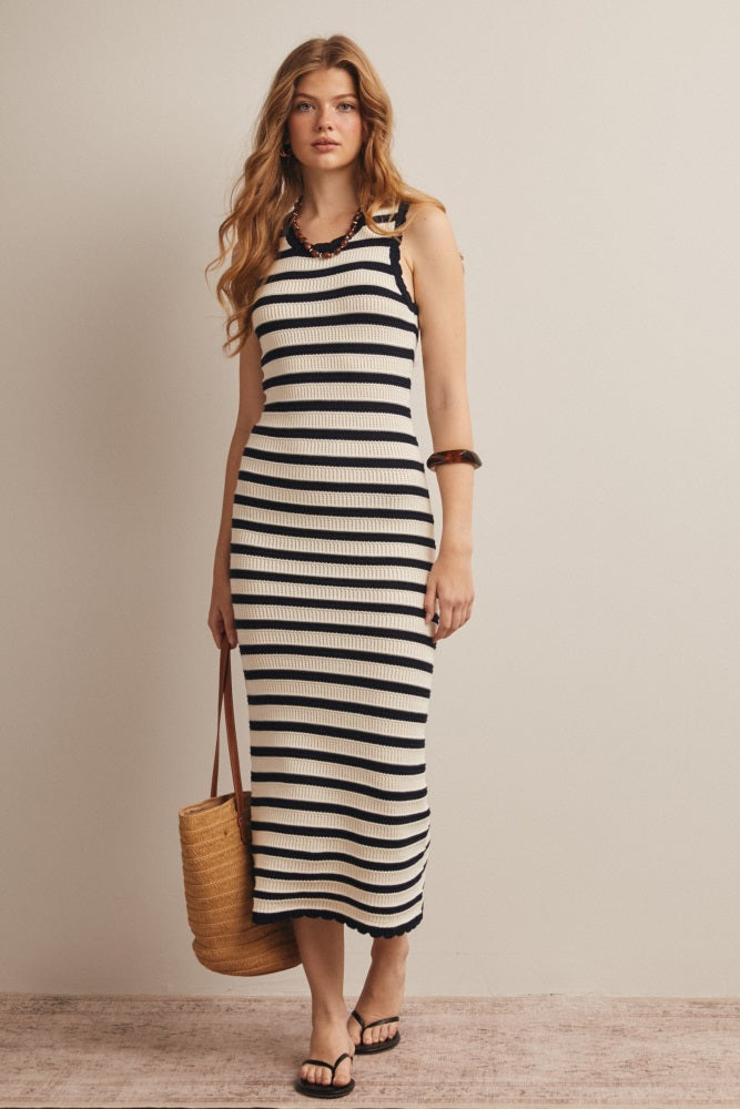 crochet knit midi dress Navy Striped Crochet Knit Midi Dress
