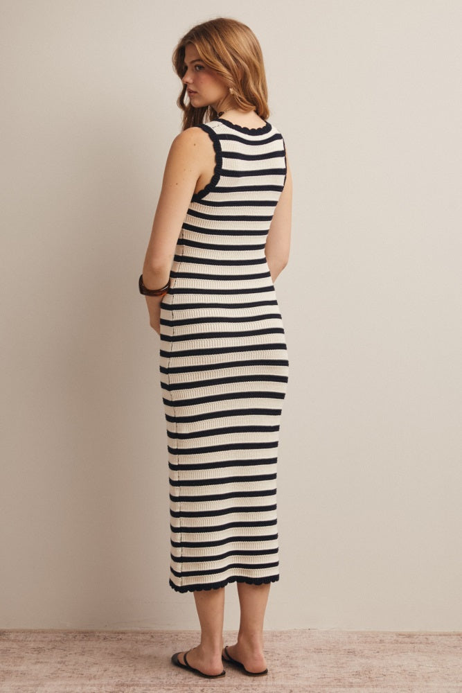 Navy Striped Crochet Knit Midi Dress PinkBlush Navy Striped Crochet Knit Midi Dress PinkBlush