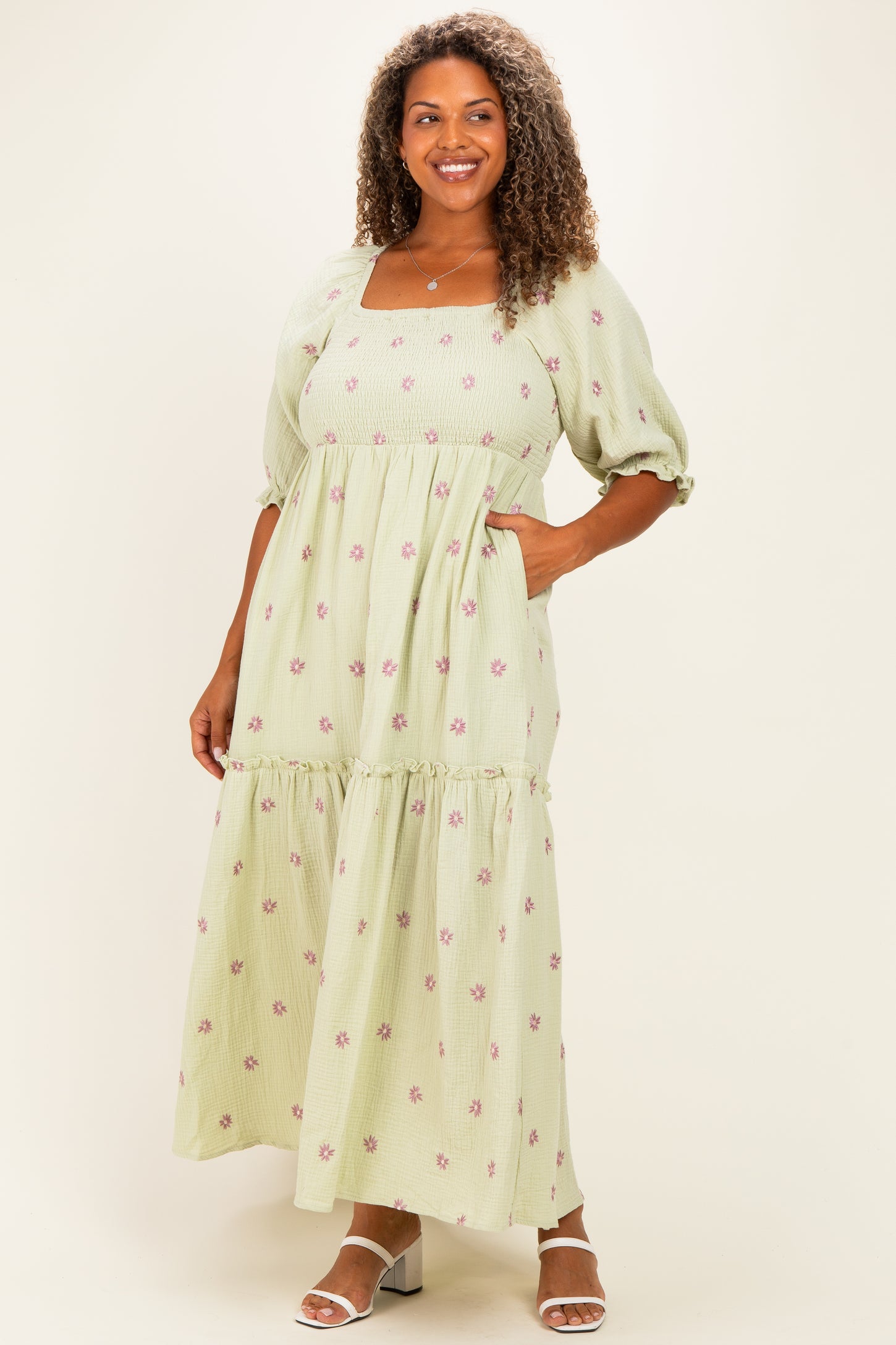 smocked plus size dress Junior Floral Square Neck Puff Sleeve Mini Black / 1X-2X-3X/2-2-2 Model is wearing 1x Full Circle Trends Plus Size