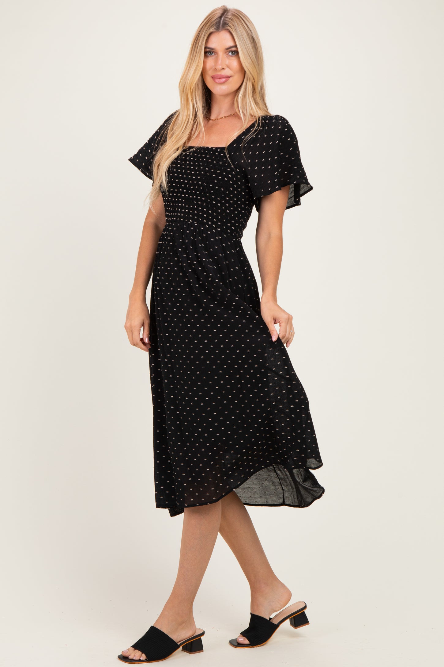 Black Polka Dot Smocked Maternity Midi Dress