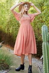 Salmon Polka Dot Smocked Midi Dress