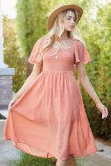 Salmon Polka Dot Smocked Midi Dress