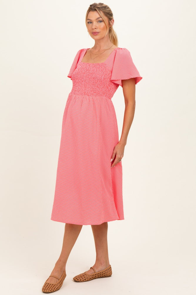 Red Gingham Smocked Maternity Midi Dress