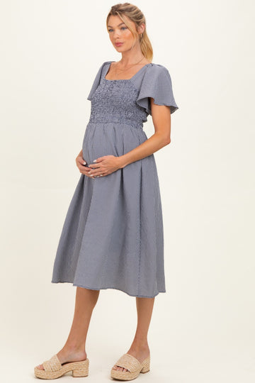 Navy Gingham Smocked Maternity Midi Dress