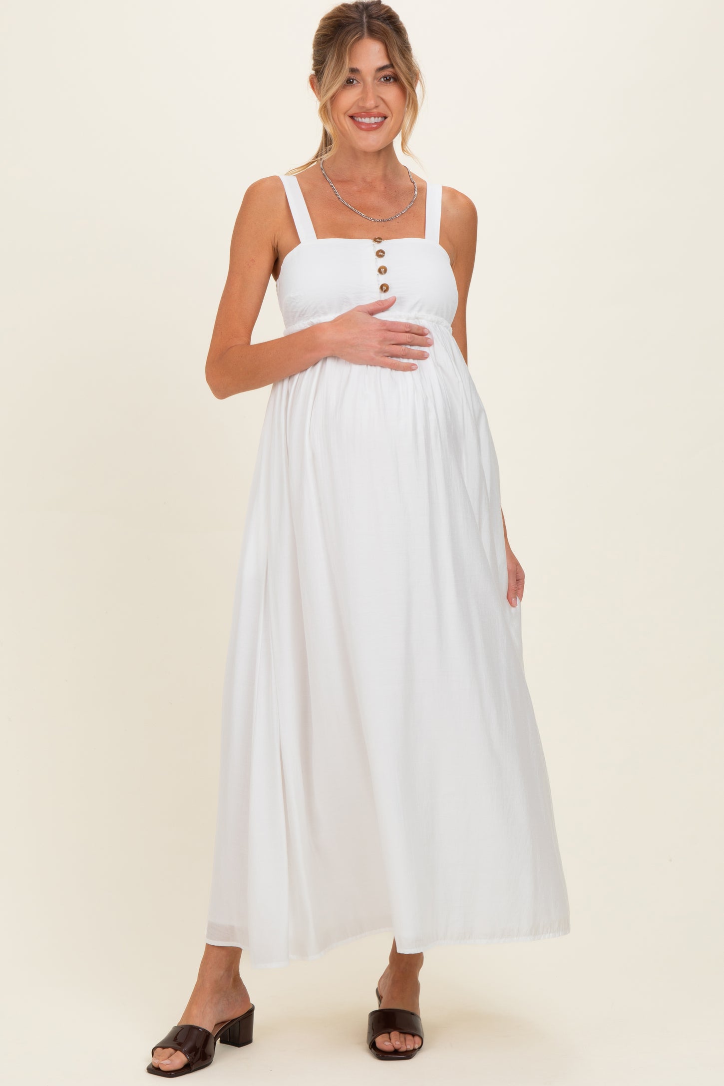 Ivory Coastal Square Neck Empire Waist Tie Maternity Maxi Dress  PinkBlush