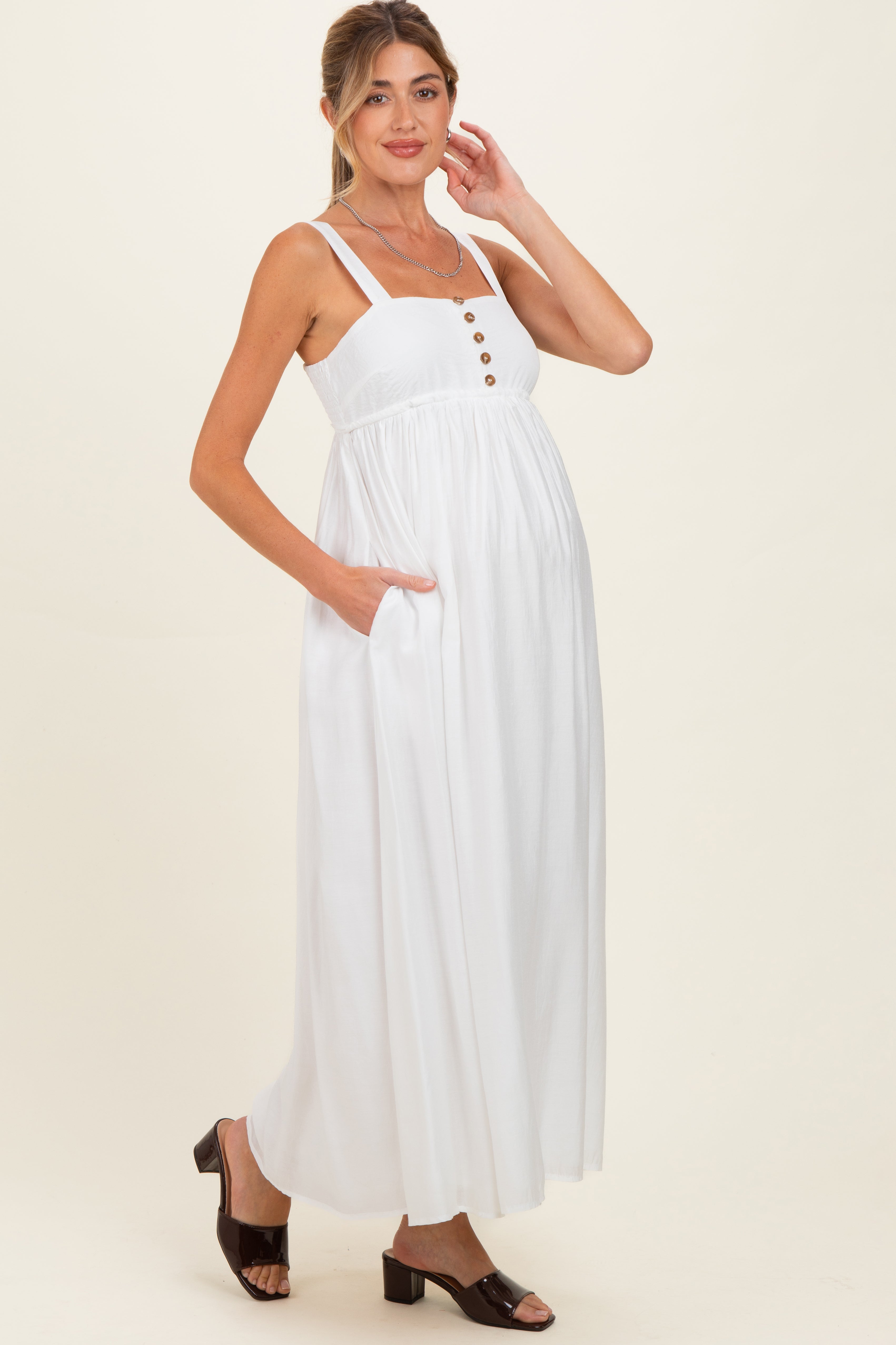 beige chiffon printed square neck empire maternity maxi dress Ivory Coastal Waist Tie YGroup_Tallin1 Adjustable tie at the Freeze Time Long Sleeve Size:XXXL - 18
