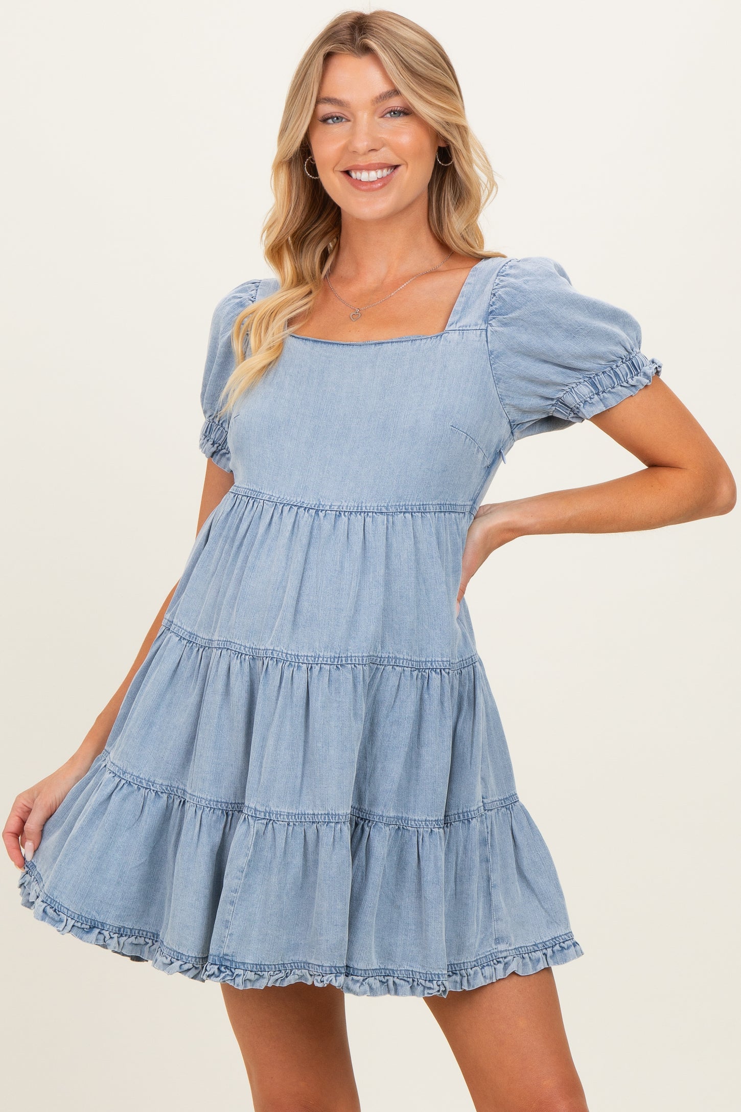 Light Blue Denim Washed Chambray Tiered Babydoll Maternity Mini Dress