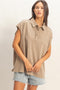Mocha Pigment Dye Sleeveless Polo Oversized Top