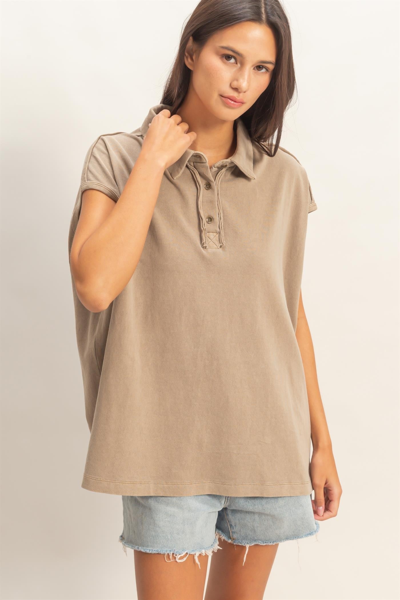 Mocha Pigment Dye Sleeveless Polo Oversized Top