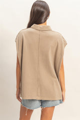 Mocha Pigment Dye Sleeveless Polo Oversized Top