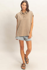 Mocha Pigment Dye Sleeveless Polo Oversized Top