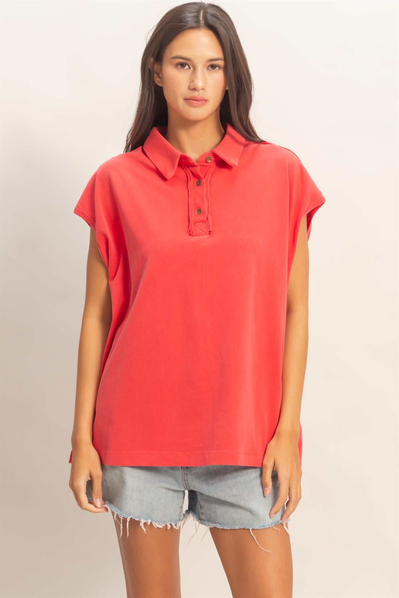 Red Pigment Dye Sleeveless Polo Oversized Maternity Top