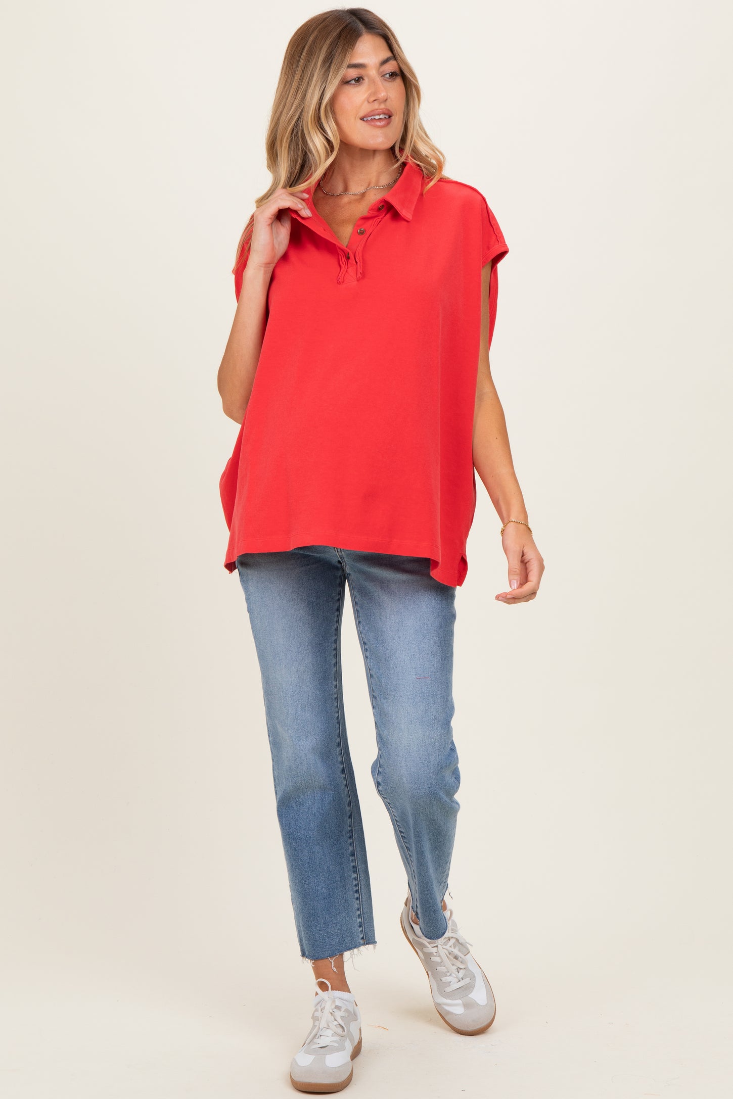 Red Pigment Dye Sleeveless Polo Oversized Maternity Top