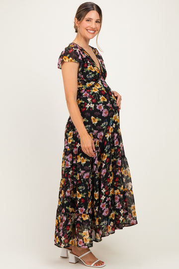 Black Multi Floral Chiffon V Neck Maternity Midi Dress