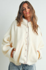 Ivory Floral Trim Fleece Snap Button Maternity Jacket