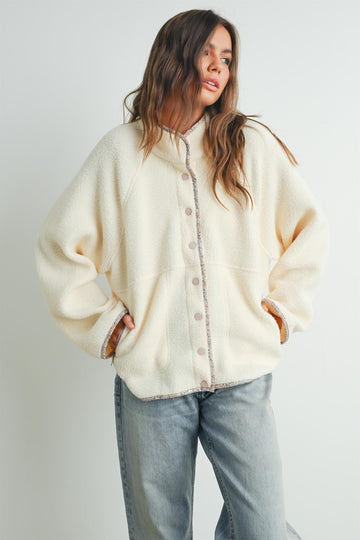 Ivory Floral Trim Fleece Snap Button Jacket