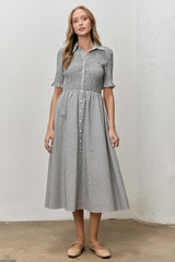 Black Gingham Smocked Button Down Midi Dress