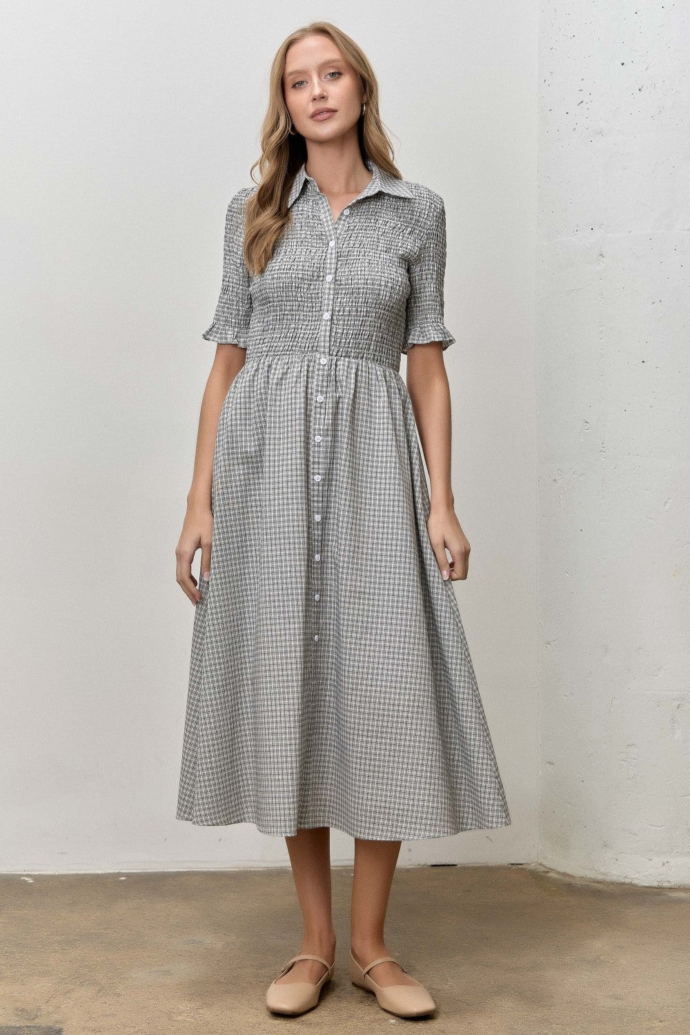 Black Gingham Smocked Button Down Maternity Midi Dress