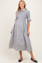 Black Gingham Smocked Button Down Maternity Midi Dress