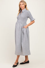 Black Gingham Smocked Button Down Maternity Midi Dress