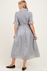 Black Gingham Smocked Button Down Maternity Midi Dress