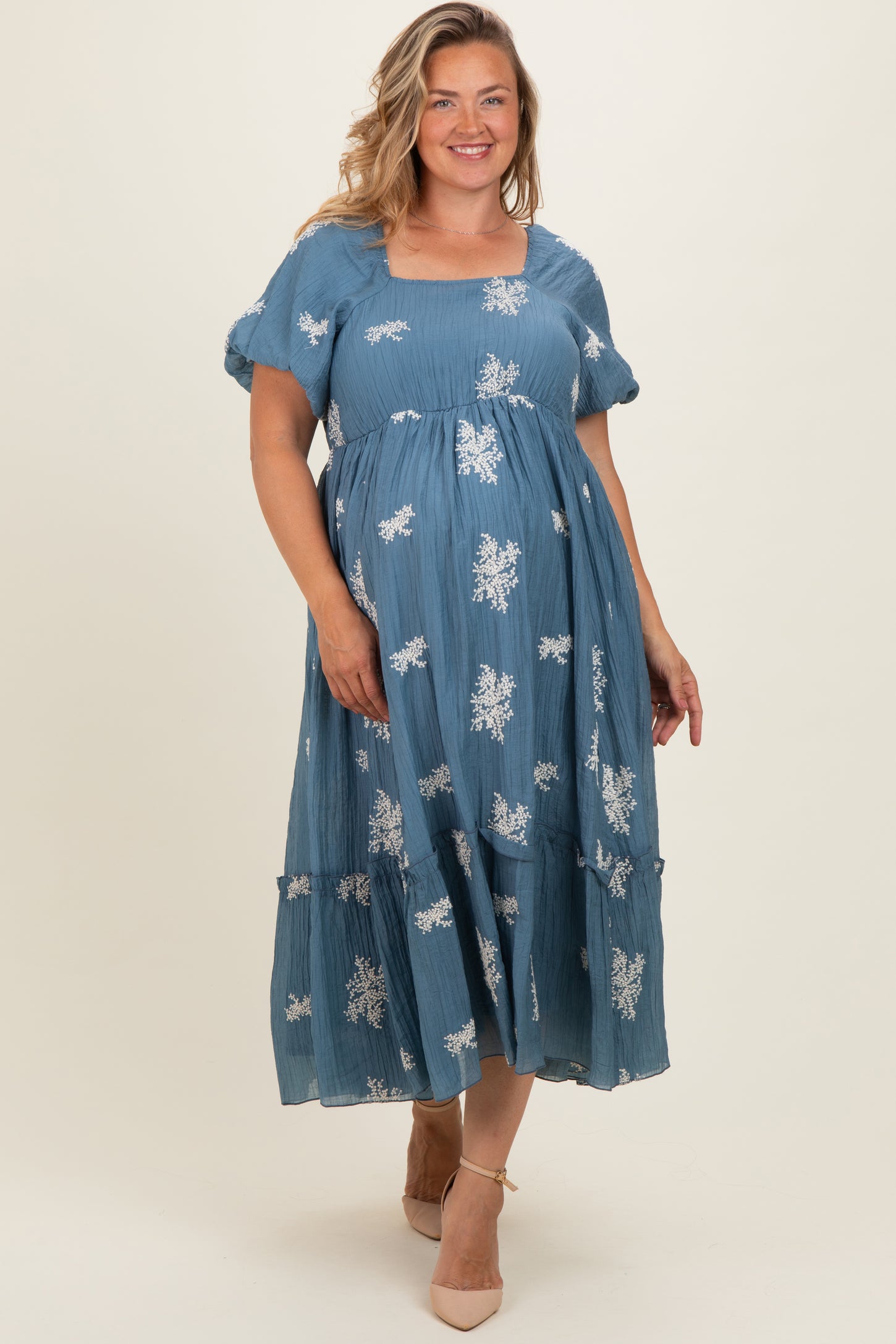Dusty Blue Floral Print Ruffle Hem Maternity Plus Midi Dress – PinkBlush