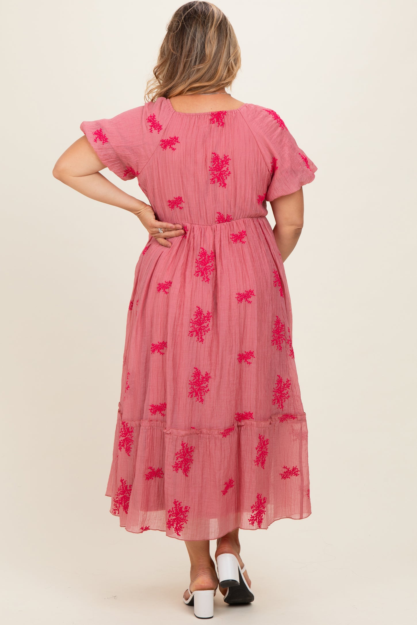 dusty pink floral print frill detail midi dress Pink Floral Tiered Dress - Ruffled Midi Dress - Floral Midi Dress