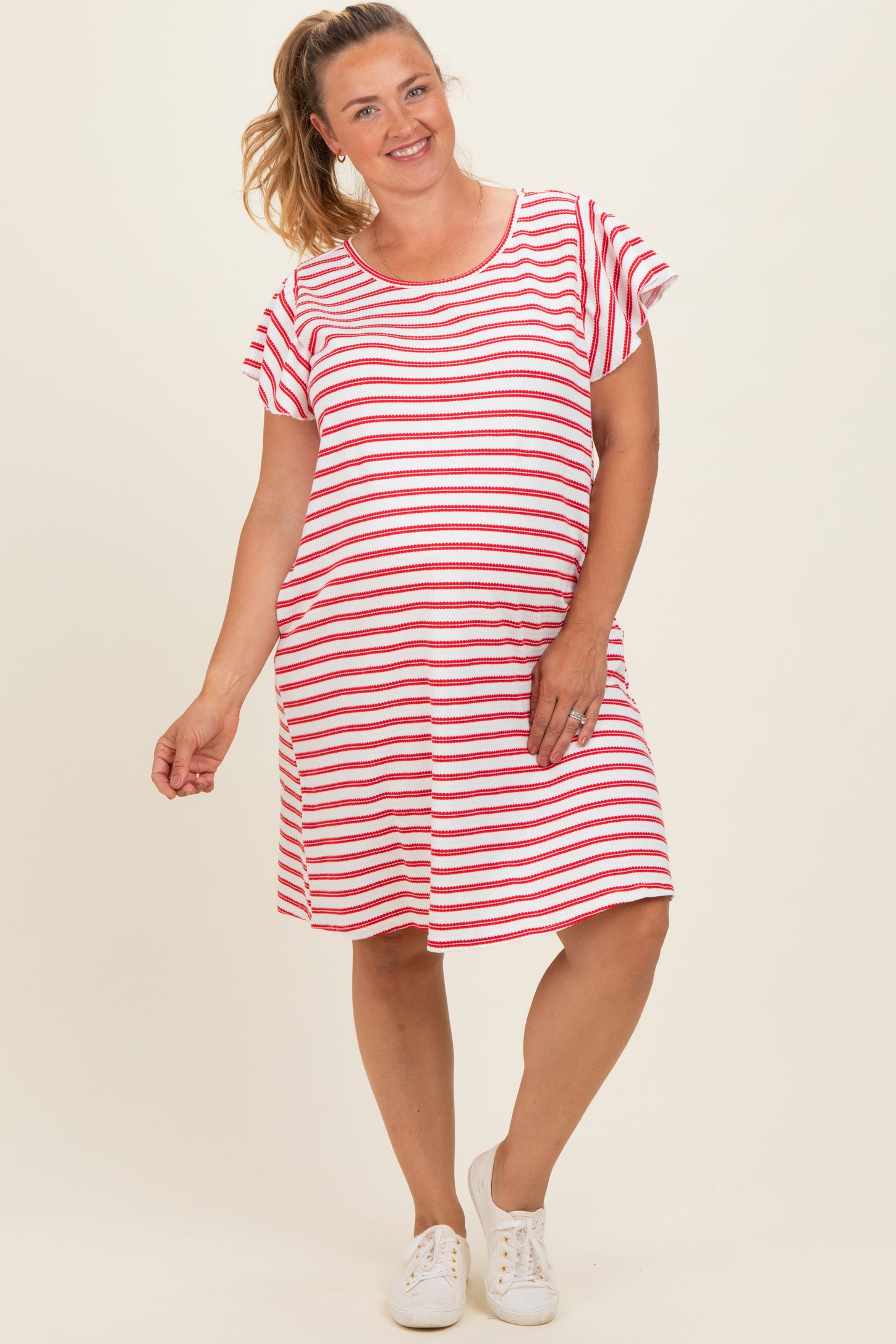 Red Striped Flutter Sleeve Maternity Plus T-Shirt Dress PinkBlush Red Striped Flutter Sleeve Maternity Plus T-Shirt Dress PinkBlush