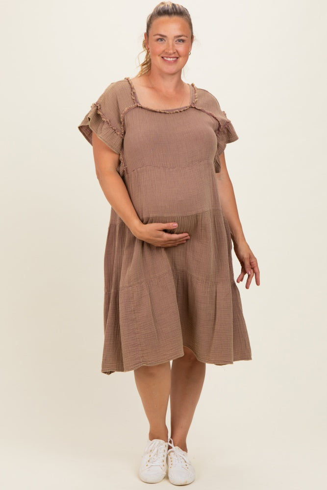 Mahogany Washed Double Gauze Tiered Maternity Plus Dress