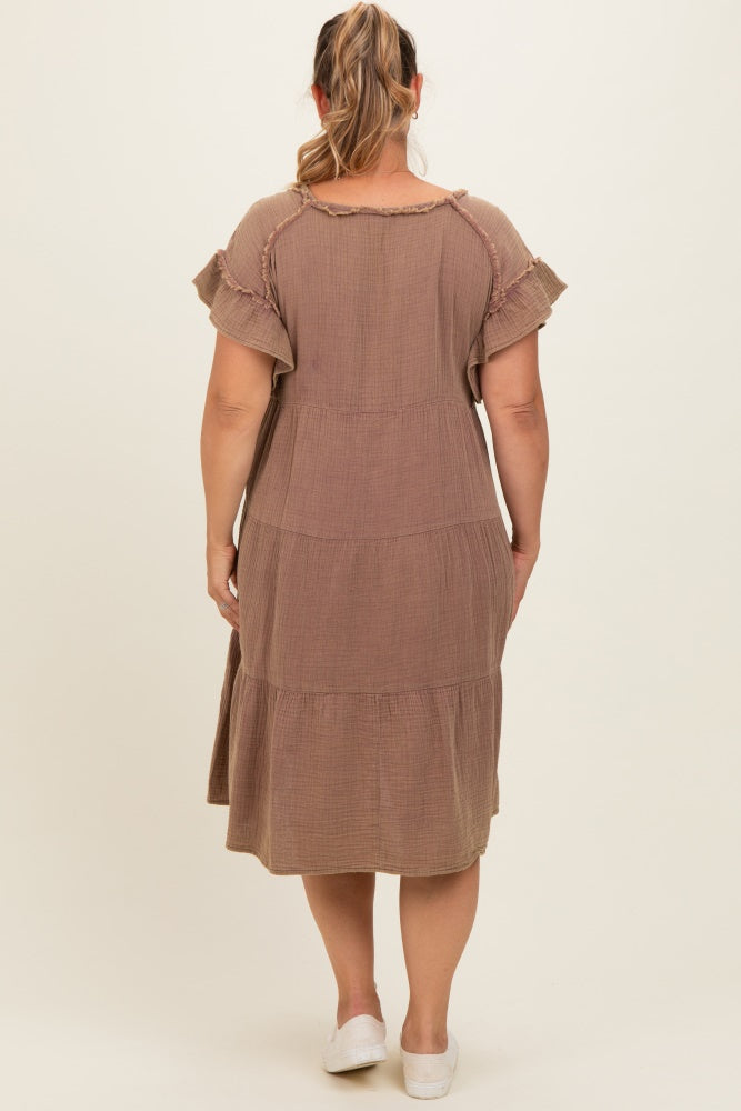 Mahogany Washed Double Gauze Tiered Maternity Plus Dress