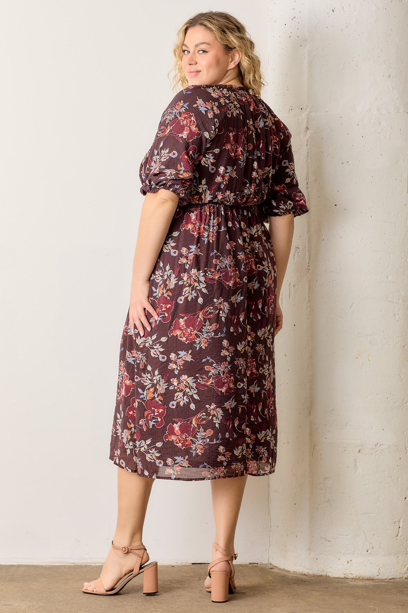 plus size burgundy floral dress Brown Smocked Button Down Midi fs b Locally Sourced Avenger Asymmetrical Halter Gown Color:Slate Grey For cooler days