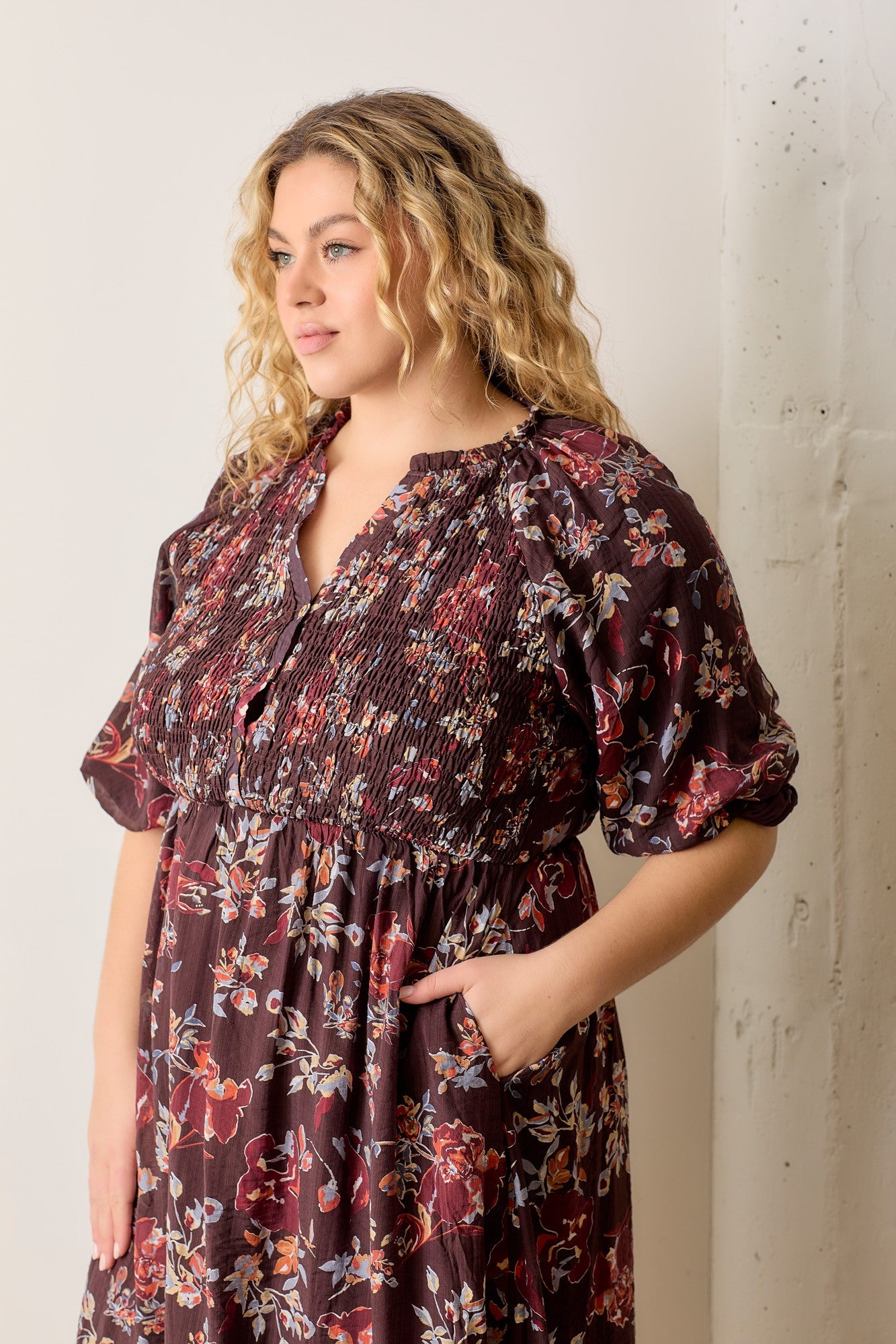 Brown Floral Smocked Button Down Plus Midi Dress