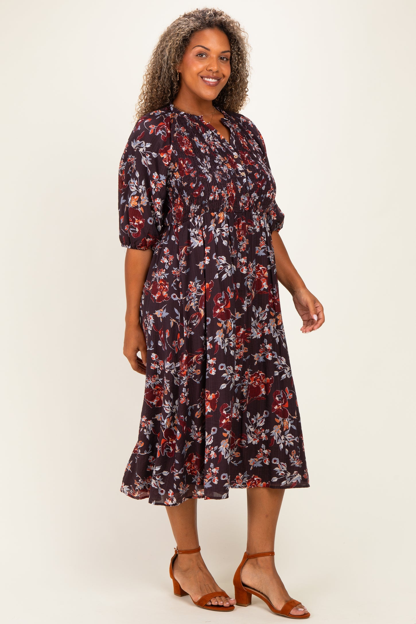 Brown Floral Smocked Button Down Plus Midi Dress
