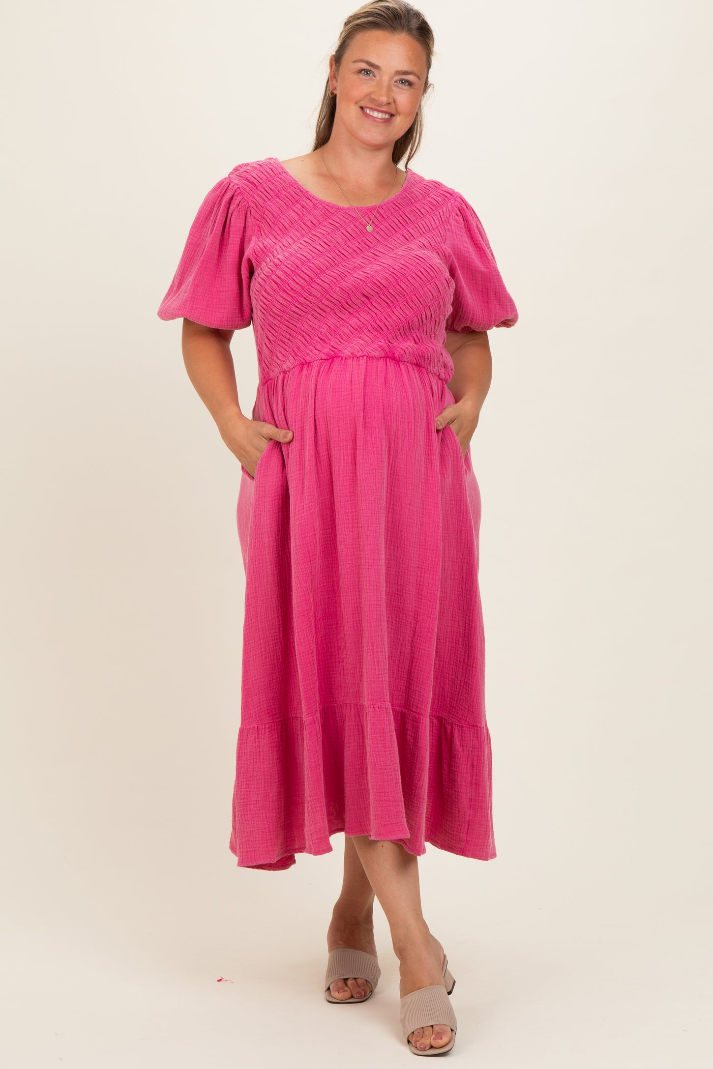 pink midi dress plus size Pink Washed Gauze Smocked Maternity Plus Midi Dress pink midi dress plus size Pink Washed Gauze Smocked Maternity Plus Midi Dress