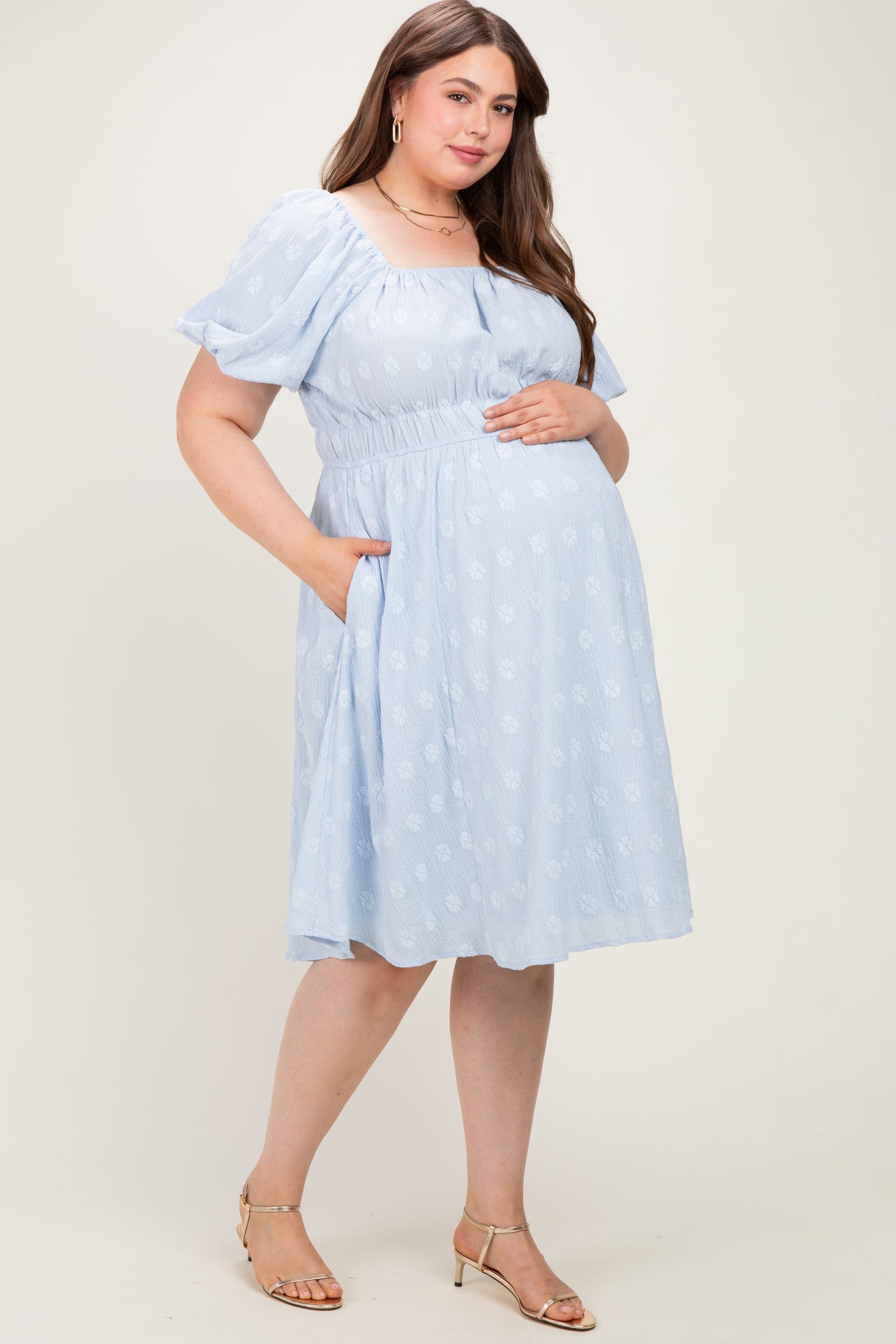 Dusty Blue Jacquard Maternity Plus Midi Dress