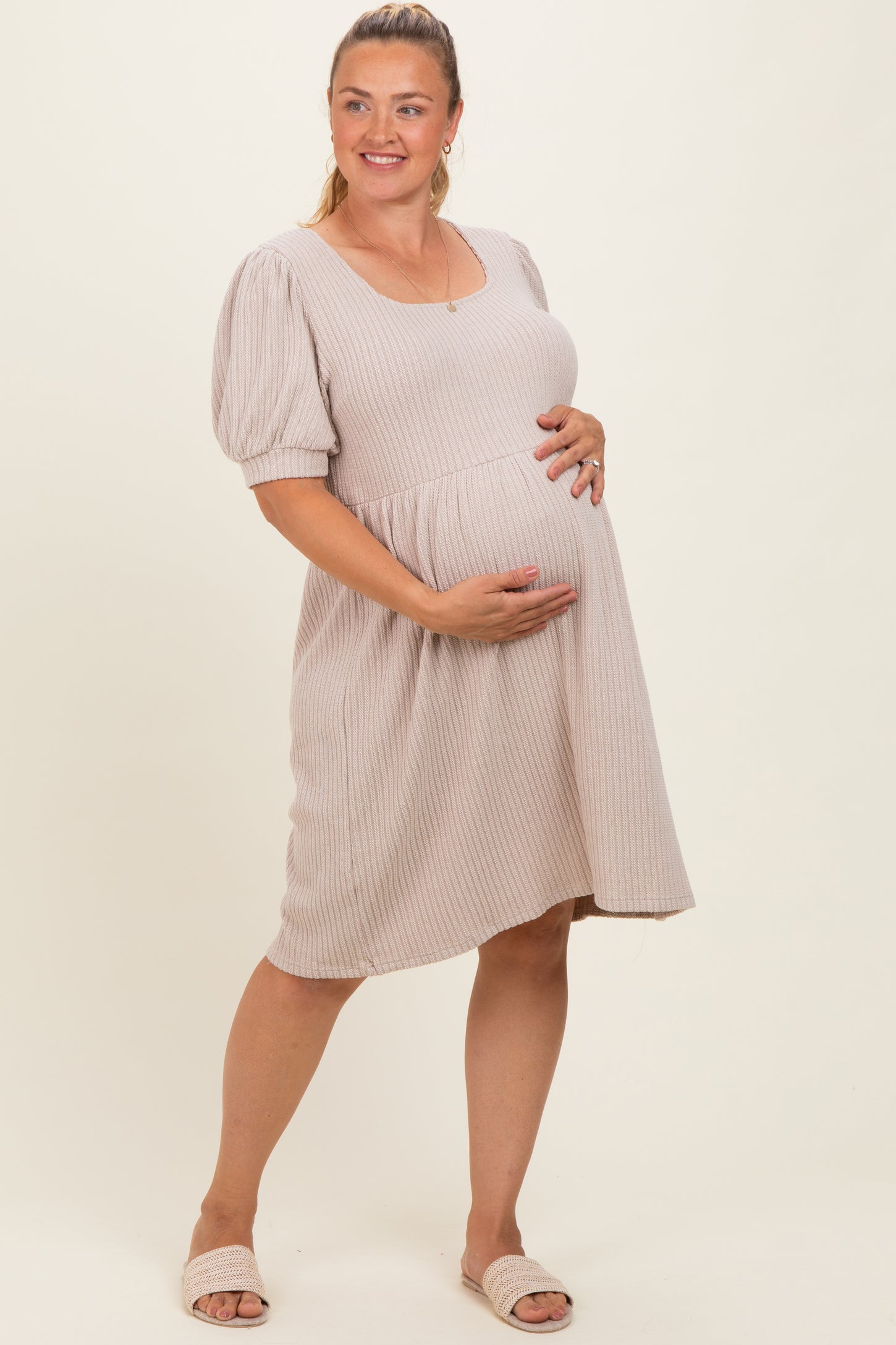 Beige Ribbed Knit Maternity Plus Midi Dress  PinkBlush