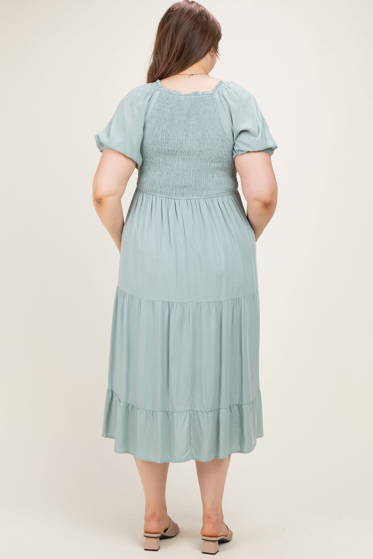 Sage Embroidered Ruffle Accent Maternity Plus Midi Dress