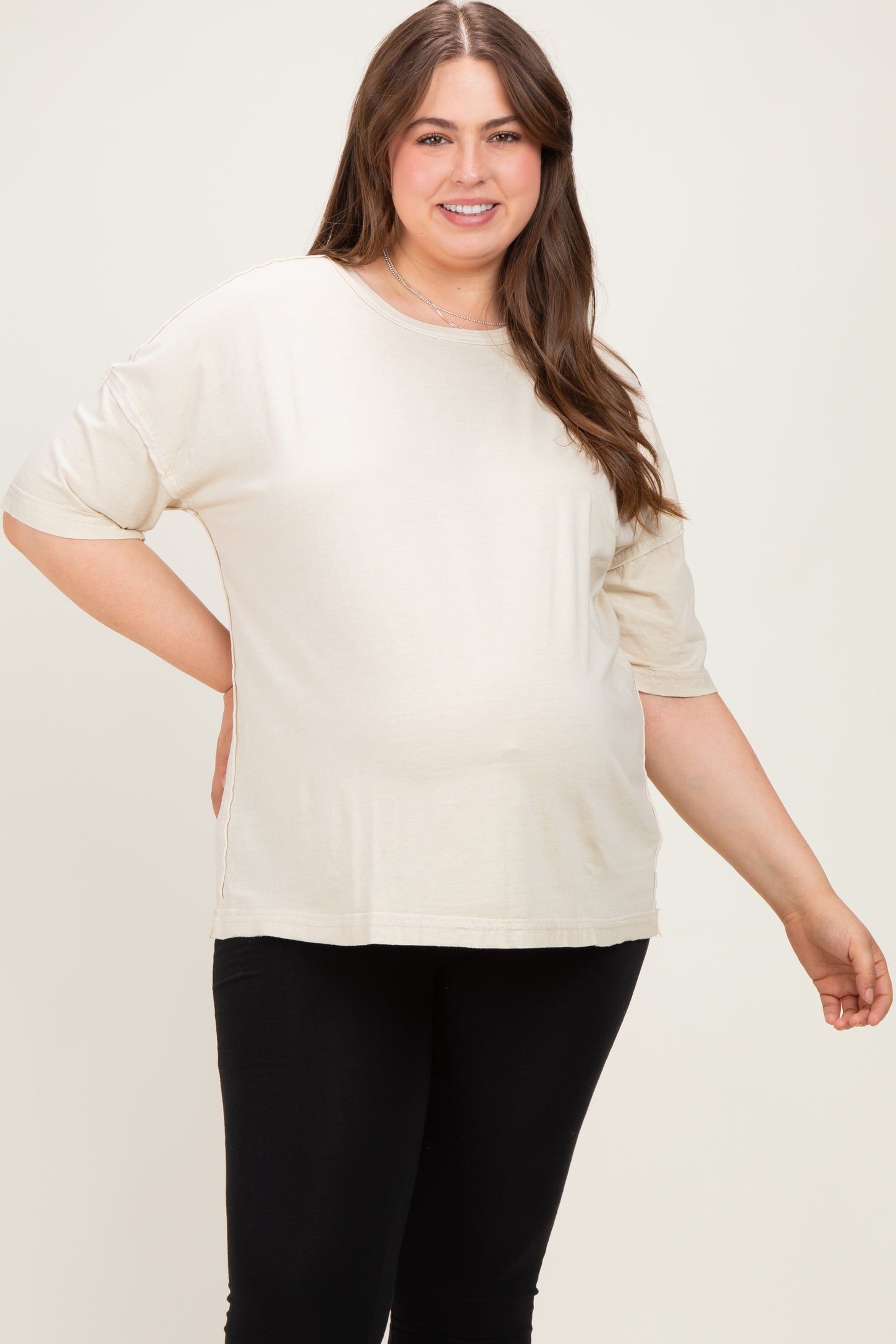 Khaki Vintage Wash Exposed Seam Maternity Plus T-Shirt