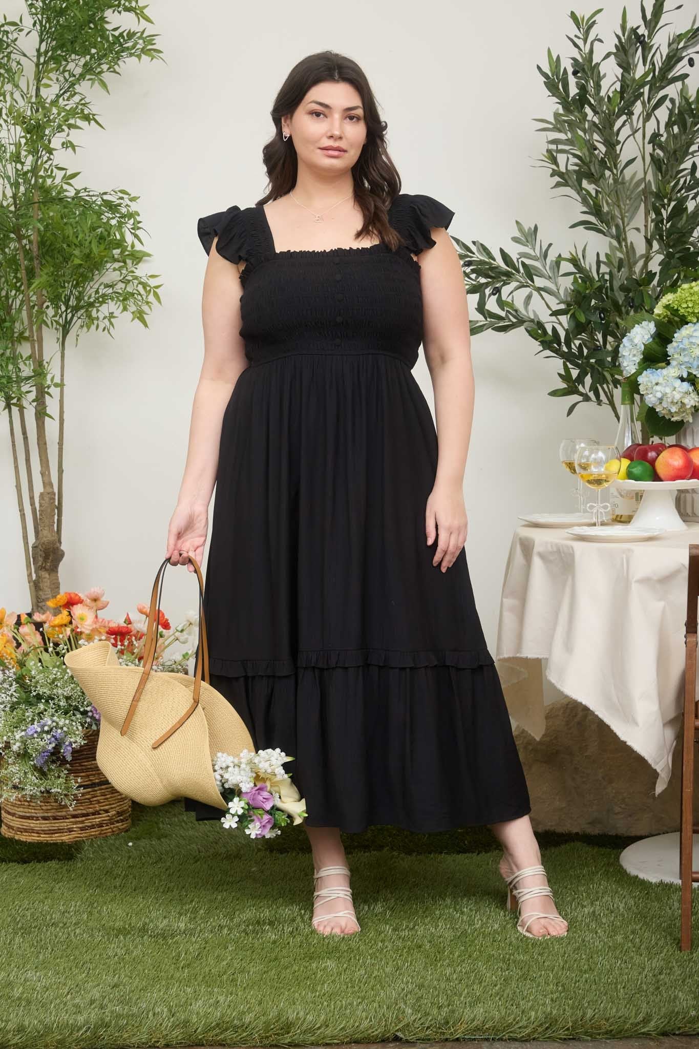 smocked plus size formal dress Unique Vintage Plus Size Green & Strawberry Print Smocked Bodice Midi Dress