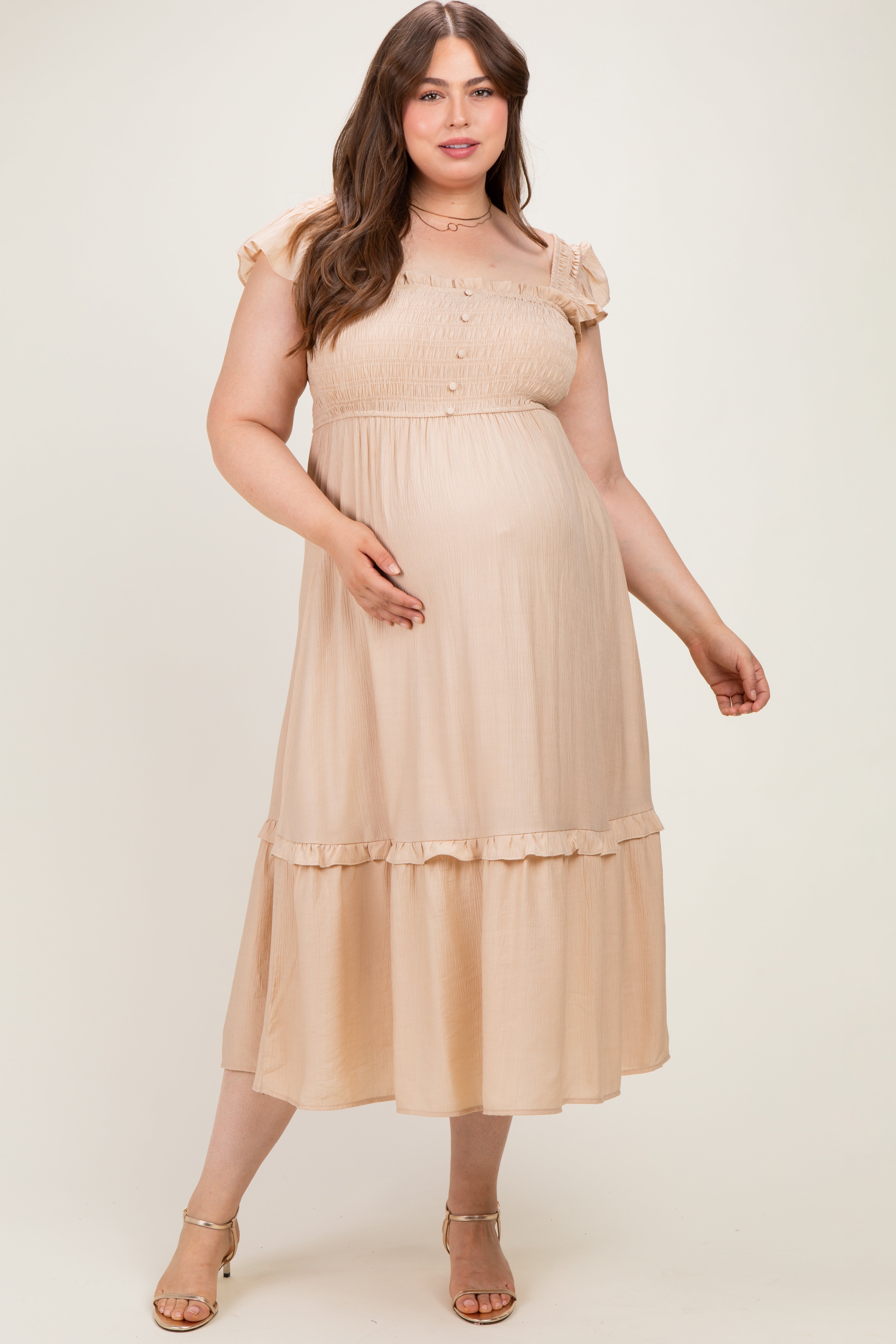 maternity formal dresses plus size Khaki Button Accent Smocked Midi Dress plus size maternity fashion
