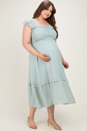 Mint Button Accent Smocked Maternity Plus Midi Dress