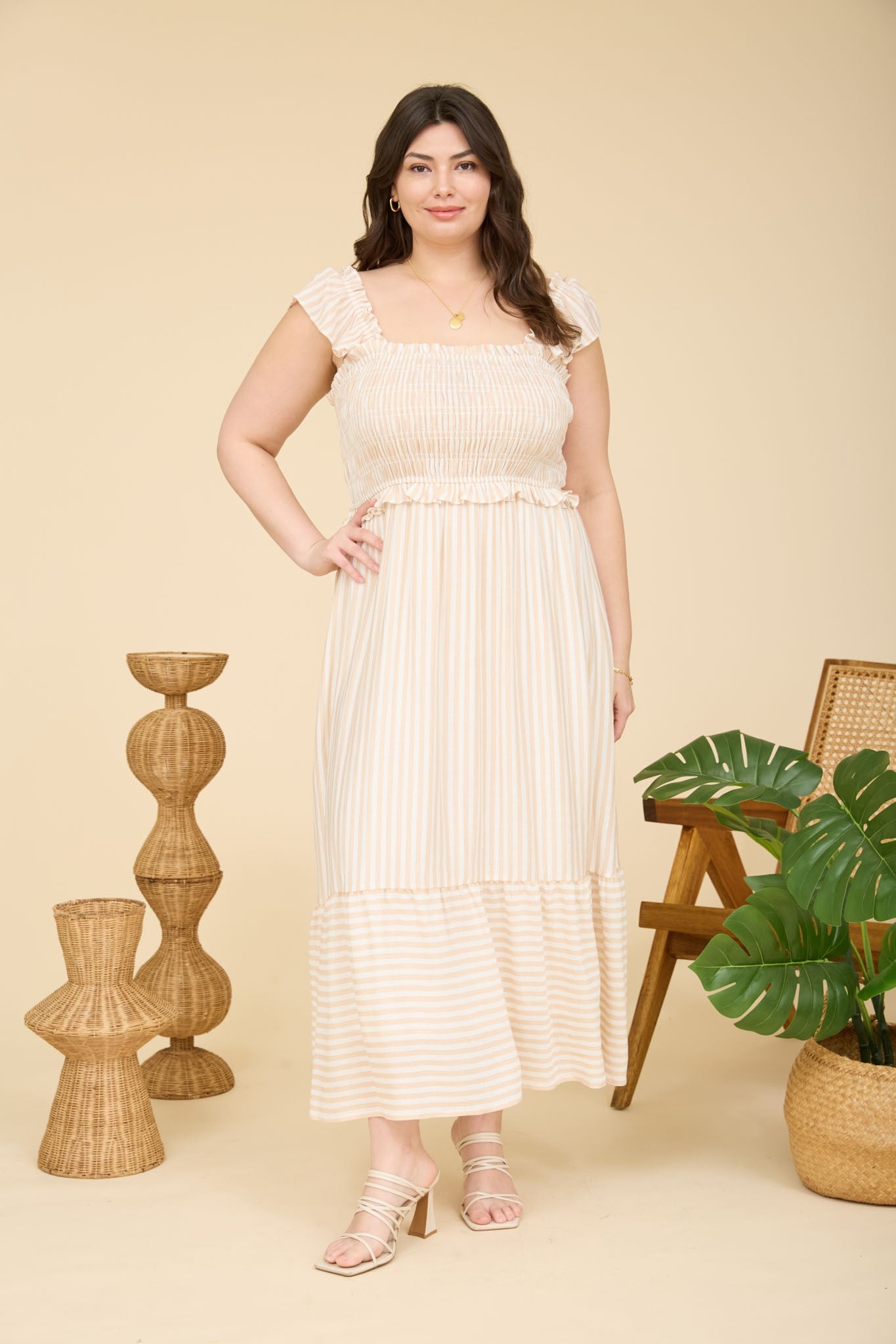 Light Khaki Striped Smocked Plus Midi Dress – PinkBlush