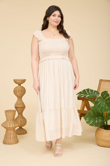 Light Khaki Striped Smocked Plus Midi Dress
