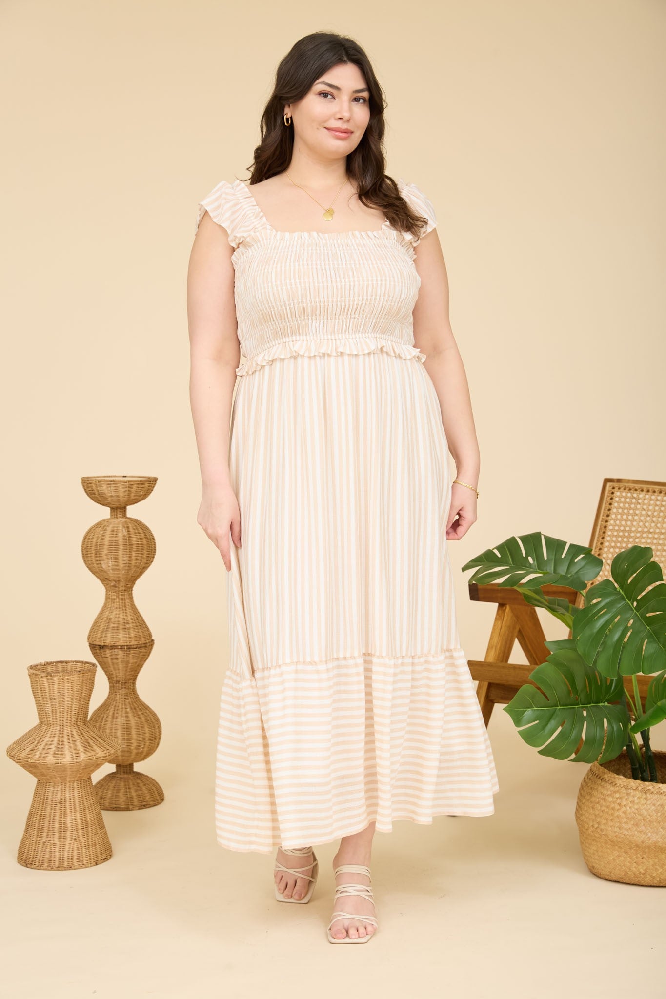 Light Khaki Striped Smocked Plus Midi Dress – PinkBlush