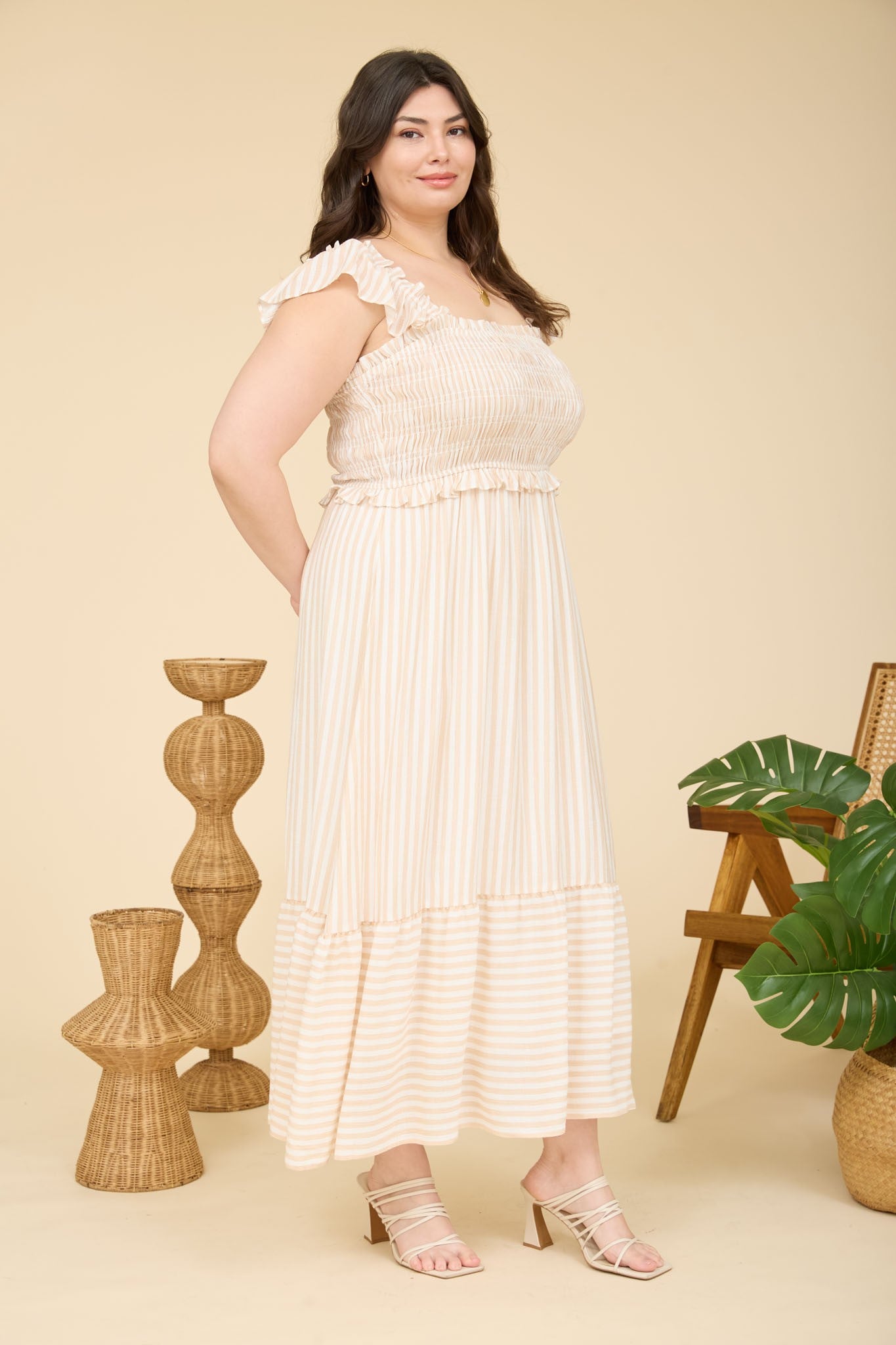 Light Khaki Striped Smocked Plus Midi Dress